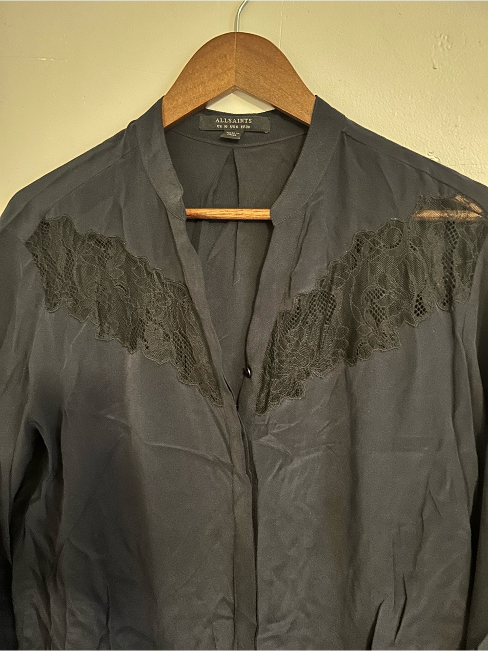 AllSaints Black Lace-Trim Button Blouse Tunic Dress Medium 100% Silk